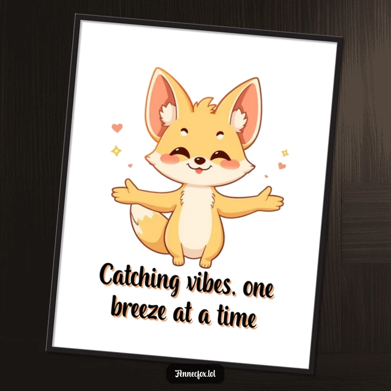 Funny Free Printable Wall Art: Fennec fox character with open arms, embracing a warm breeze, embodying peace and contentment.