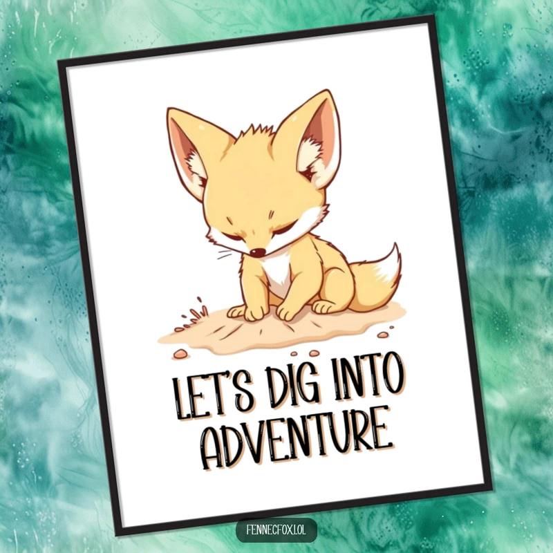 Funny Free Printable Wall Art of a cute fennec fox with big ears, determinedly digging in the sand.