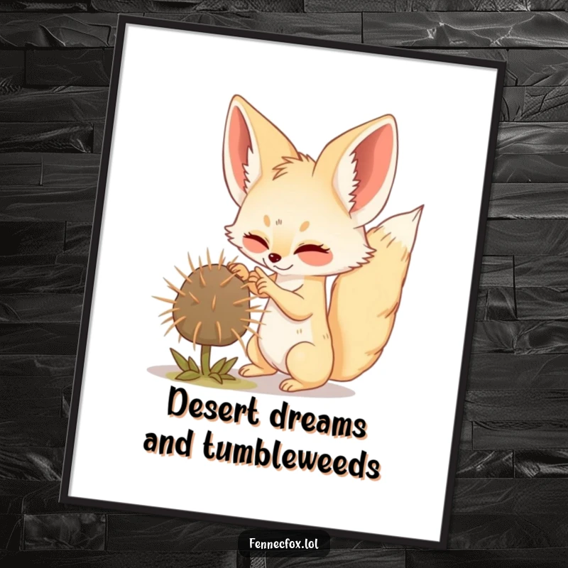 Funny Free Printable Wall Art: Energetic fennec fox gleefully batting a tumbleweed across a sandy desert expanse.