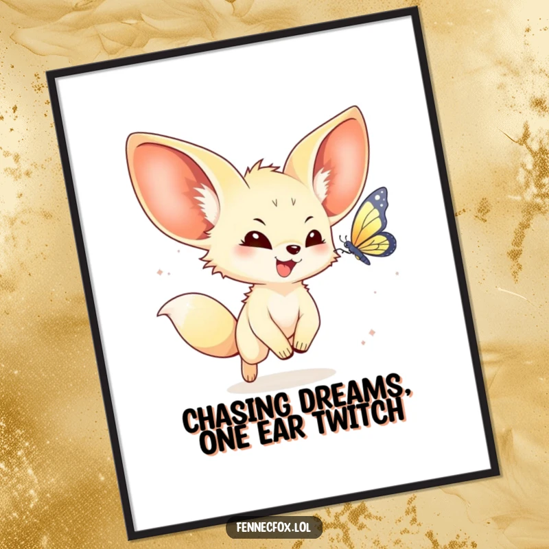 Funny Free Printable Wall Art: Kawaii fennec fox with enormous ears joyfully chasing a shimmering butterfly, cute decor.