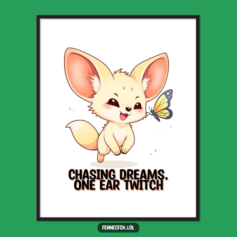 Funny Free Printable Wall Art: Kawaii Fennec Fox Butterfly Chase Downloadable Decor