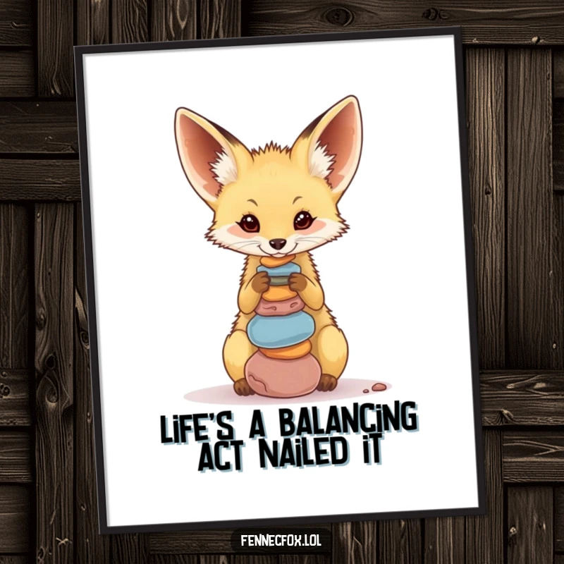 Funny Free Printable Wall Art: A focused fennec fox perfectly balancing a stack of colorful pebbles on its nose.