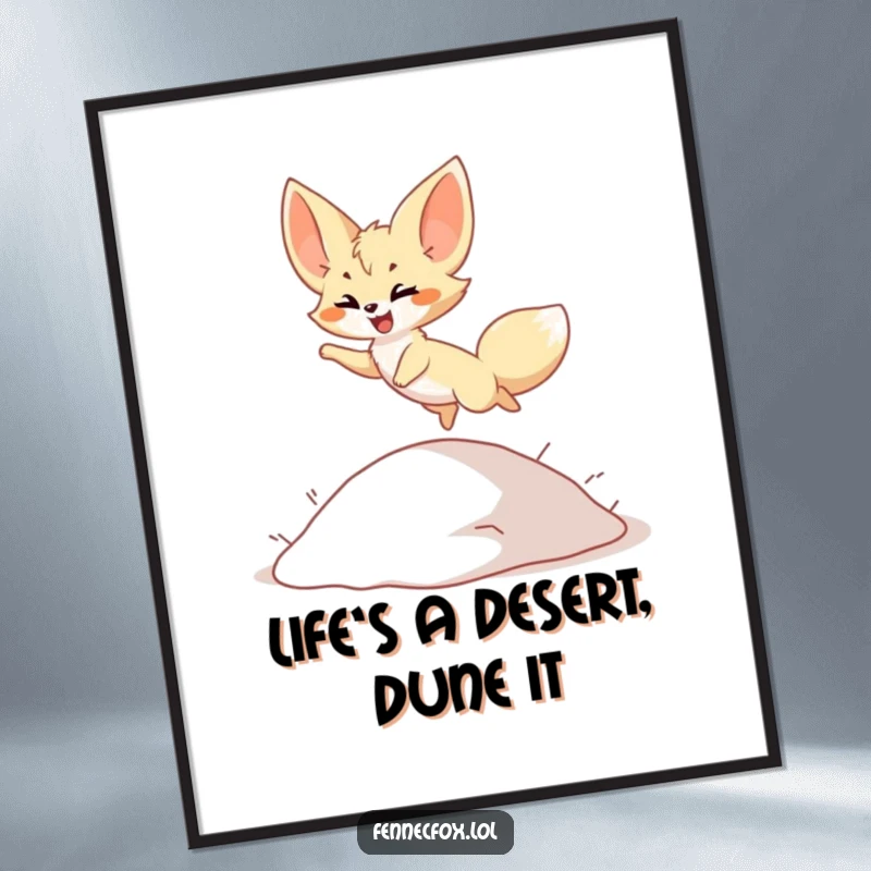 Funny Free Printable Wall Art: Fennec fox character joyfully leaping over a small sand dune, capturing a moment of playful energy.