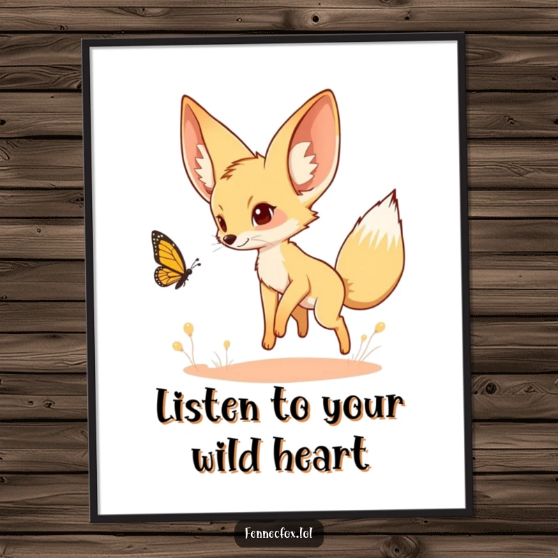 Funny Free Printable Wall Art: Fennec fox with enormous ears playfully chasing a desert butterfly, capturing a moment of pure whimsical joy.