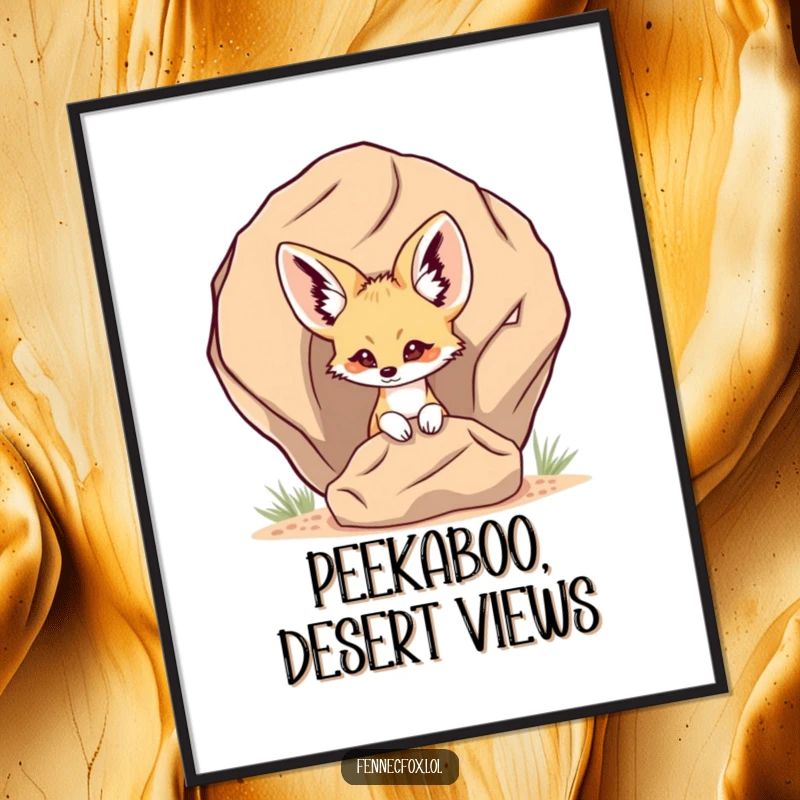 Funny Free Printable Wall Art: A curious fennec fox peeking from behind a large desert rock, embodying desert intrigue.