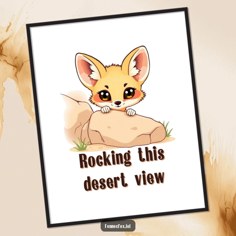 Funny Free Printable Wall Art: Fennec fox with wide curious eyes peeking from behind a desert rock, adding charm, a downloadable gift.