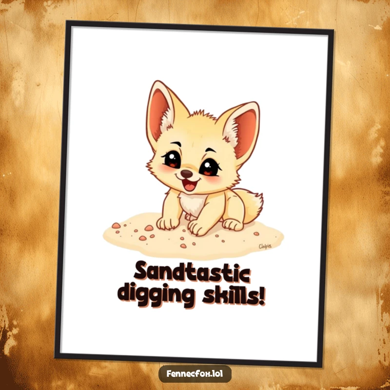 Funny Free Printable Wall Art: Adorable fennec fox cub enthusiastically digging in sand, bringing joy to any room, a downloadable gift.