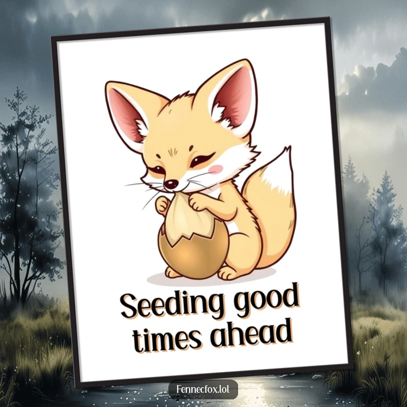 Funny Free Printable Wall Art of a fennec fox playfully batting at a floating desert seed pod, a humorous decor piece.