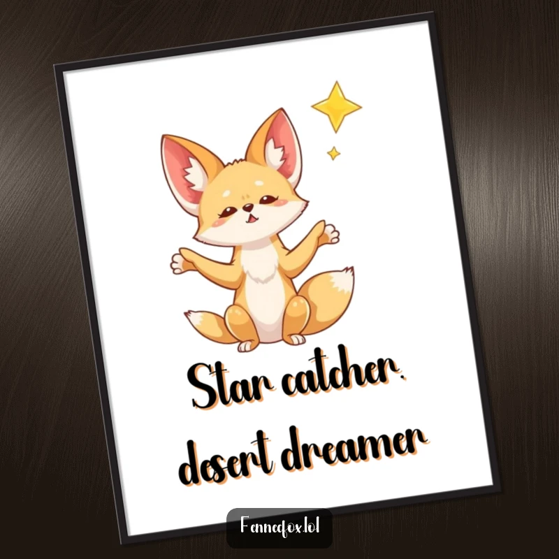 Funny free printable wall art of a fennec fox with outstretched paws reaching for a glittering falling star in a night sky.