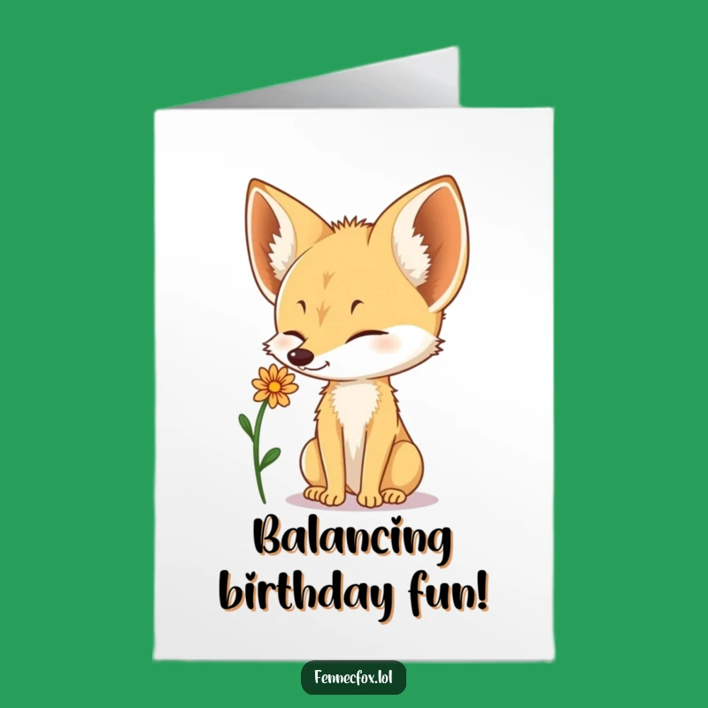 Free Printable Birthday Card Fennec Fox Flower Balance - Cute Funny Downloadable Gift