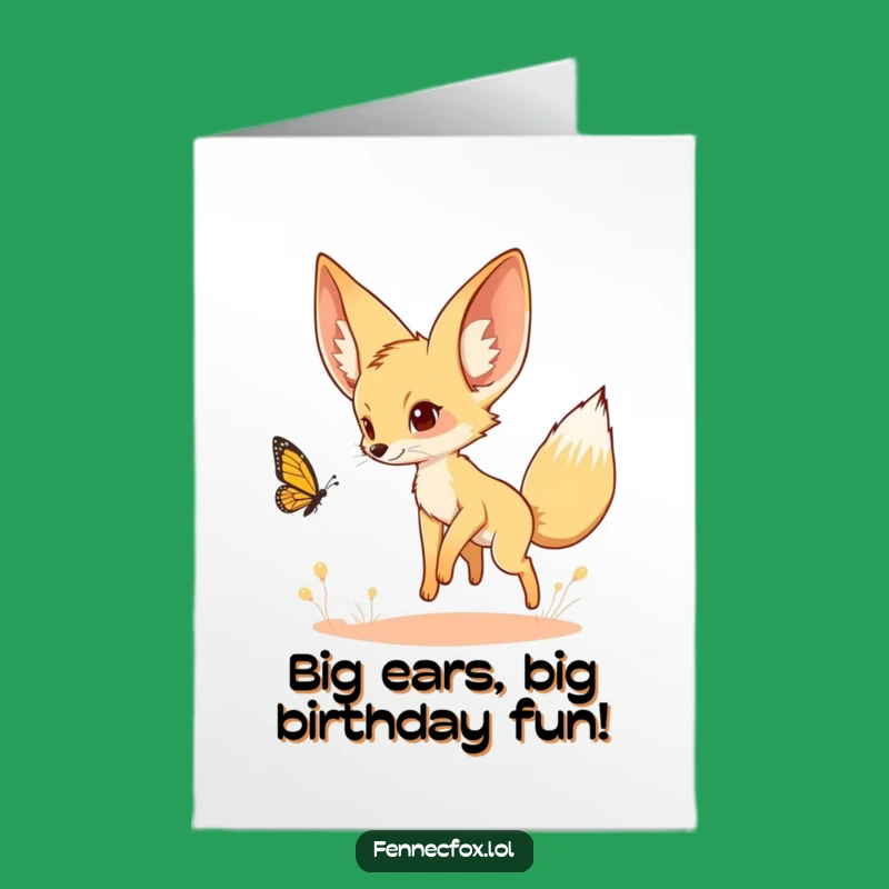 Free Printable Birthday Card: Fennec Fox Butterfly Chase, Funny Downloadable Gift