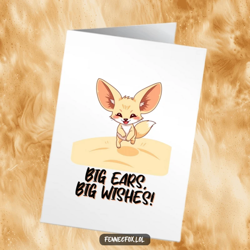 Funny Free Printable Birthday Card featuring a fennec fox with huge ears leaping joyfully across sandy dunes, ready to party.