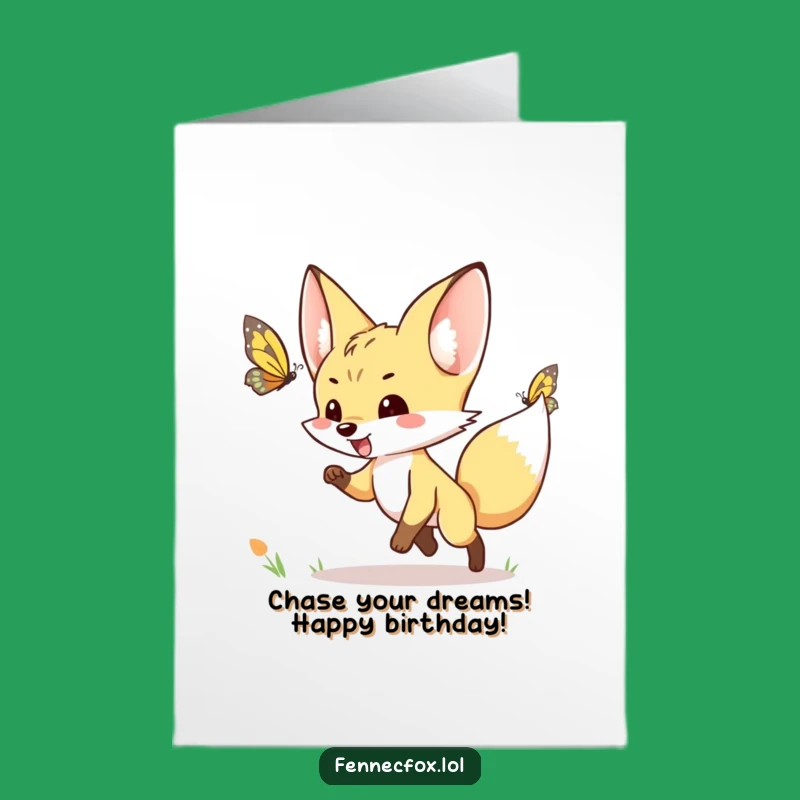 Free Printable Birthday Card: Fennec Fox Butterfly Chase - Joyful Downloadable Gift