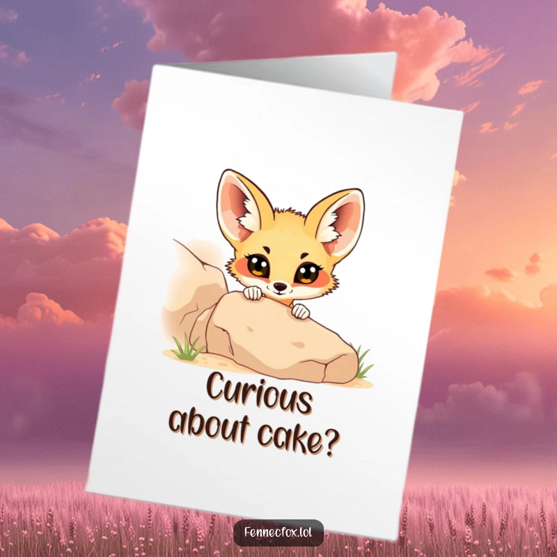 Funny Free Printable Birthday Card: Fennec fox with wide curious eyes peeking from behind a desert rock, a playful downloadable gift.