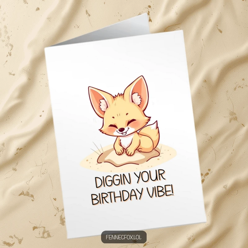 Funny Free Printable Birthday Card of a fennec fox digging a hole with a grin, perfect for a humorous DIY gift.