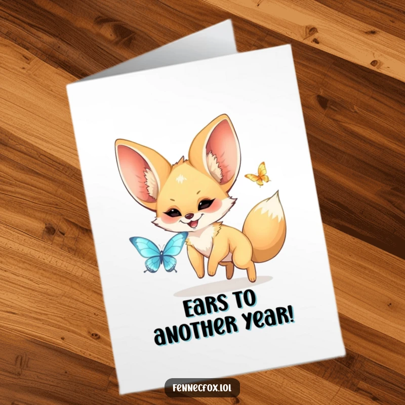 Funny Free Printable Birthday Card featuring a kawaii fennec fox with huge ears gleefully pursuing a sparkling butterfly.