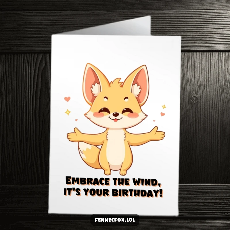 Funny Free Printable Birthday Card: Fennec fox with open arms, embracing a warm, gentle breeze, looking serene.