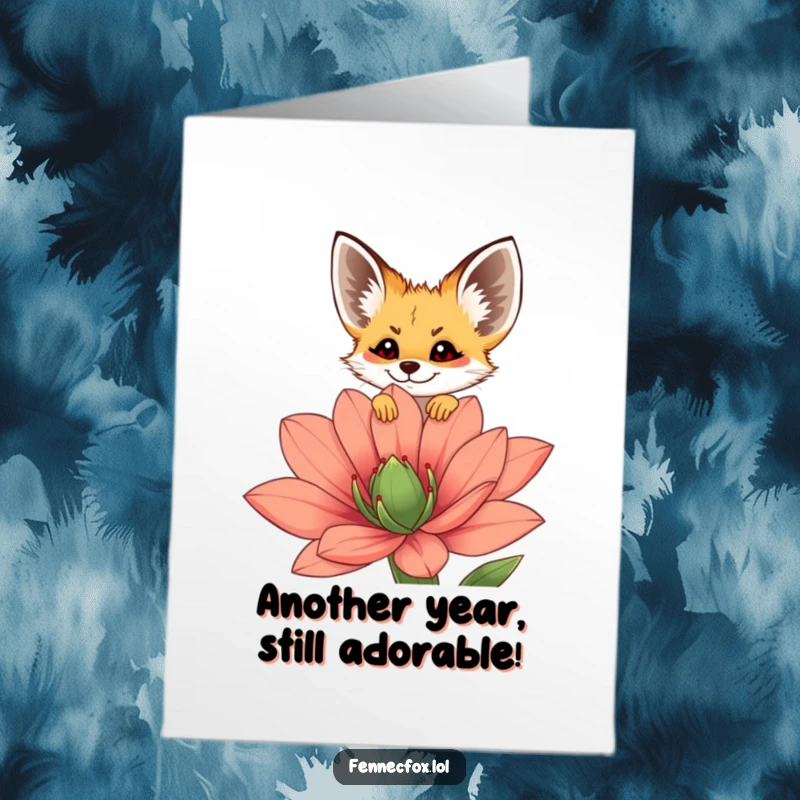 Funny Free Printable Birthday Card: Fennec fox peeking over a giant flower, radiating joy and birthday wishes.