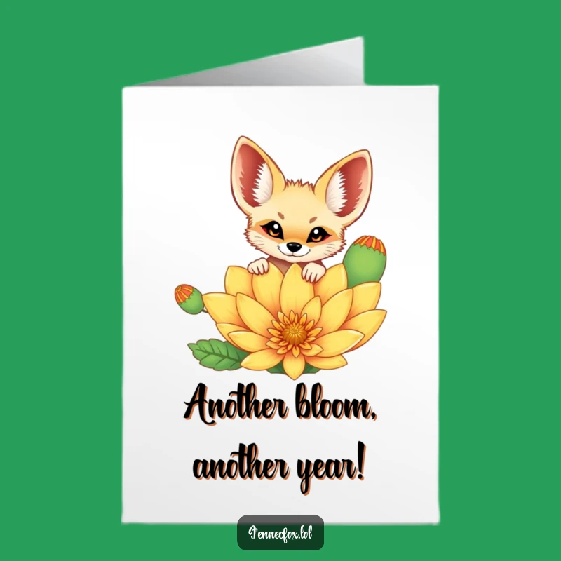 Free Printable Birthday Card: Cheerful Fennec Fox Over Flower, Funny Downloadable Gift