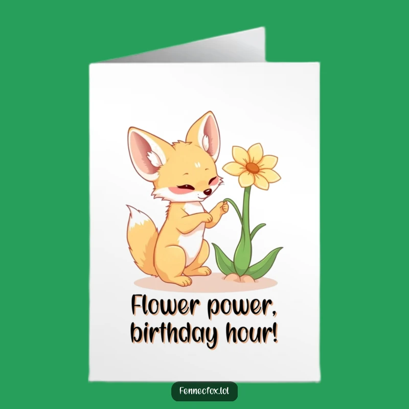 Free Printable Birthday Card: Fennec Fox Batting Flower Funny Downloadable Gift
