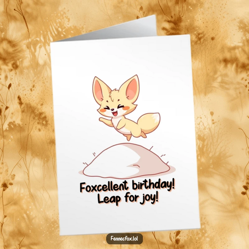 Funny Free Printable Birthday Card: Fennec fox character joyfully leaping over a dune, celebrating a birthday with boundless energy.