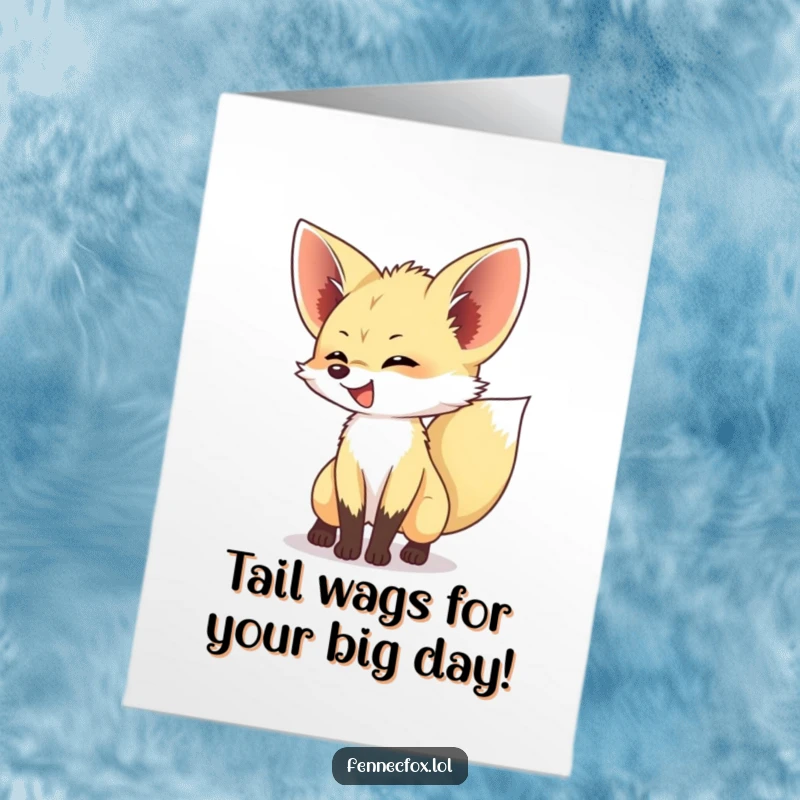 Funny Free Printable Birthday Card featuring a joyful fennec fox with an enthusiastically wagging bushy tail, ready to party.