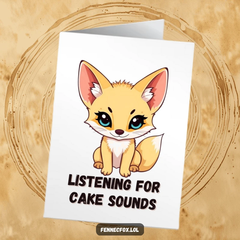 Funny Free Printable Birthday Card: Fennec fox with large, perked ears listening intently, conveying a sense of curiosity and fun. A downloadable.