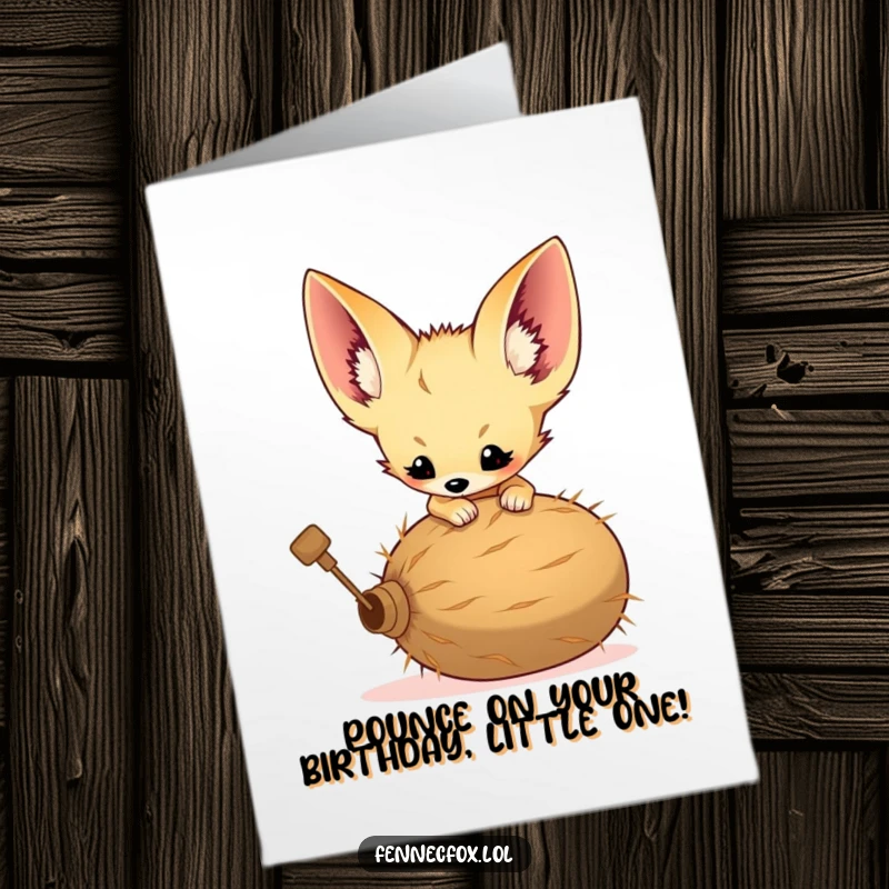 Funny Free Printable Birthday Card: Fennec fox kit with huge ears pouncing on a tumbleweed, celebrating a birthday with excitement.