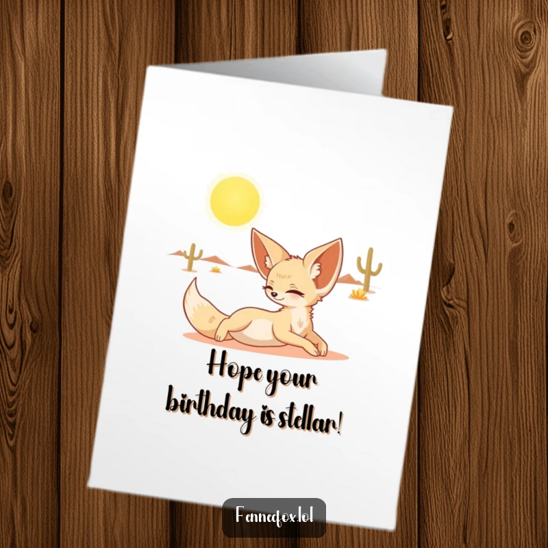 Funny Free Printable Birthday Card: A fennec fox stretches luxuriously under the warm desert sun, embodying pure birthday relaxation.