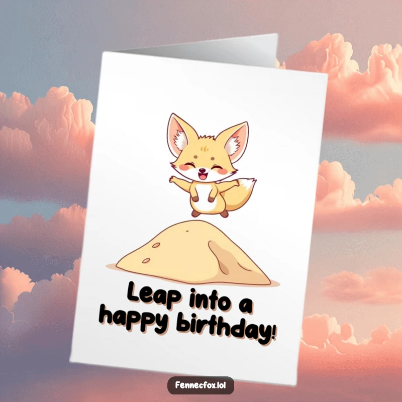 Funny Free Printable Birthday Card featuring a fennec fox joyfully leaping over a sand dune, celebrating with energetic delight.