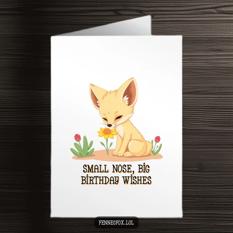 Funny Free Printable Fennec Fox Birthday Card, a curious desert fox sniffing a small flower, perfect for a unique DIY gift.