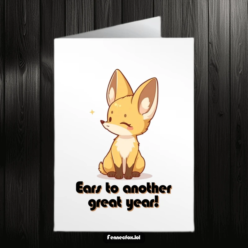 Funny Free Printable Birthday Card: Fennec fox character listening intently to a distant sound, wishing a happy birthday.
