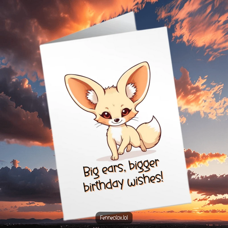 Funny Free Printable Birthday Card: Excited fennec fox with huge ears joyfully chasing its own tail in a playful loop.