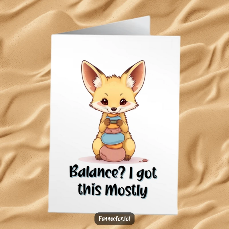 Funny Free Printable Birthday Card: Fennec fox expertly balancing colorful pebbles on its nose, looking focused.