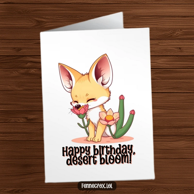 Funny Free Printable Birthday Card of a fennec fox sniffing a desert flower, perfect for a humorous DIY gift.