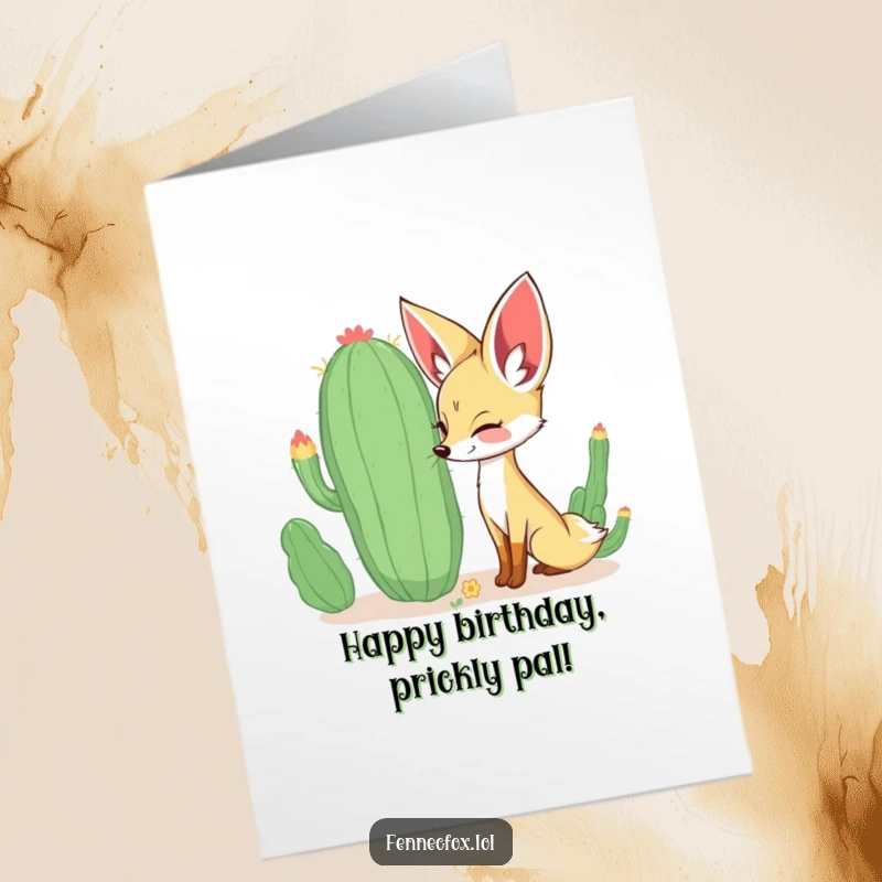 Funny Free Printable Birthday Card showing a curious fennec fox happily sniffing a large, quirky cactus.