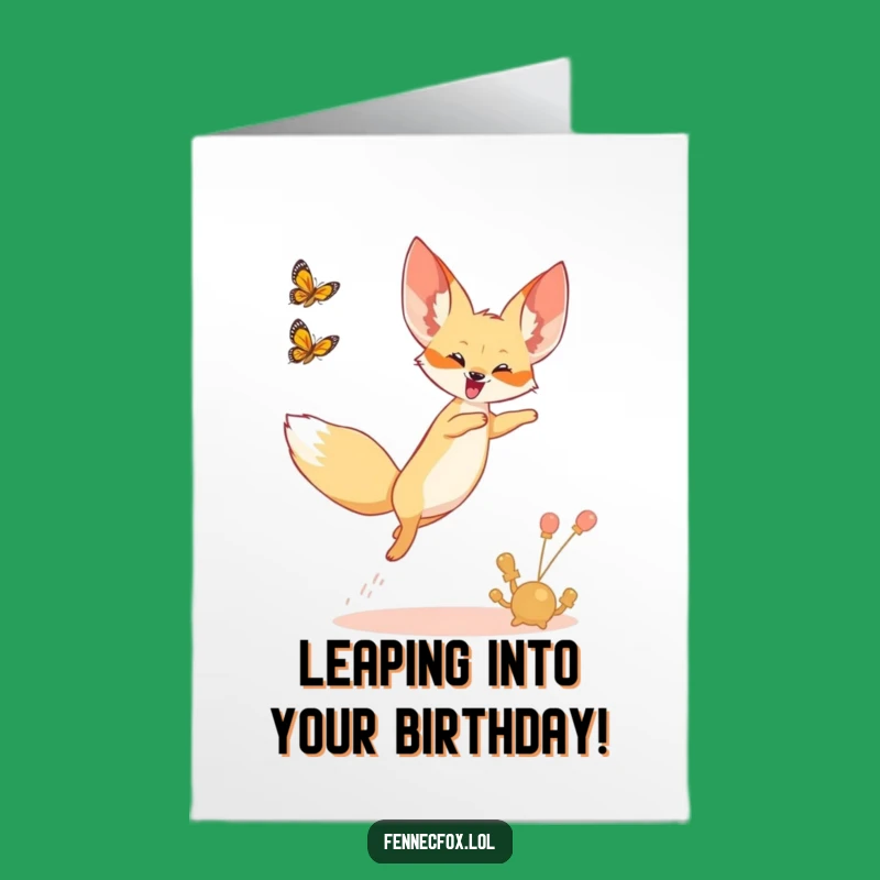 Free Printable Funny Birthday Card: Joyful Fennec Fox Leaping Character for a Fun-Filled Humorous Celebration
