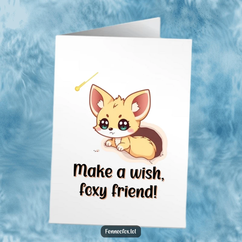 Funny Free Printable Birthday Card: Fennec fox peeking from burrow, eyes wide with excitement at a passing comet.