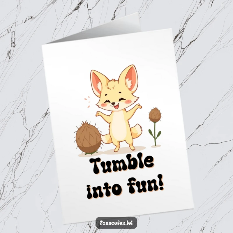 Funny Free Printable Birthday Card: A happy fennec fox with huge ears does a silly dance with a rolling tumbleweed.