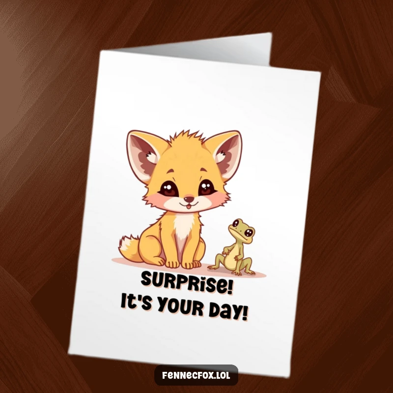 Funny Free Printable Birthday Card: Fennec fox with wide eyes, surprised by a tiny desert lizard. A humorous greeting for a special day.
