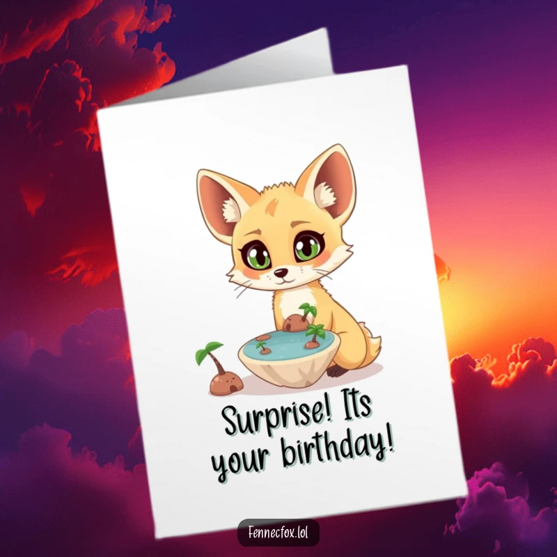 Funny Free Printable Birthday Card showing a wide-eyed, surprised fennec fox looking at a tiny, floating oasis.