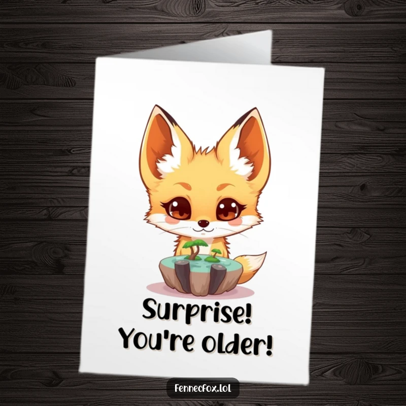 Funny Free Printable Birthday Card: Surprised fennec fox with wide eyes looking at a tiny floating oasis.