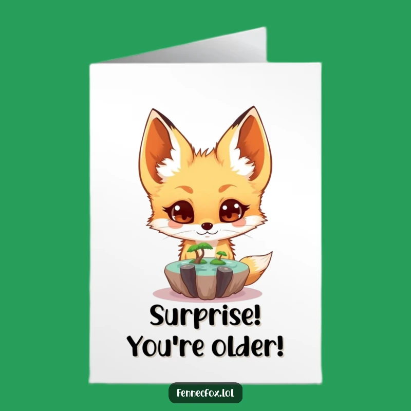 Free Printable Birthday Card: Surprised Fennec Fox & Oasis Fun!, Funny Downloadable Gift