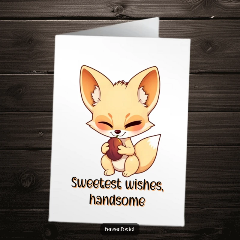 Funny Free Printable Birthday Card: Confident fennec fox winking while holding a date, exuding playful charm for a happy birthday. Downloadable.
