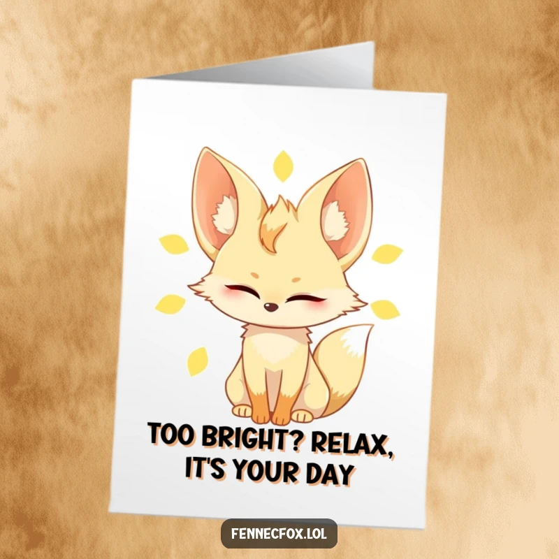 Funny Free Printable Birthday Card: Fennec fox blinking slowly, squinting happily in bright sun, a lazy celebration.