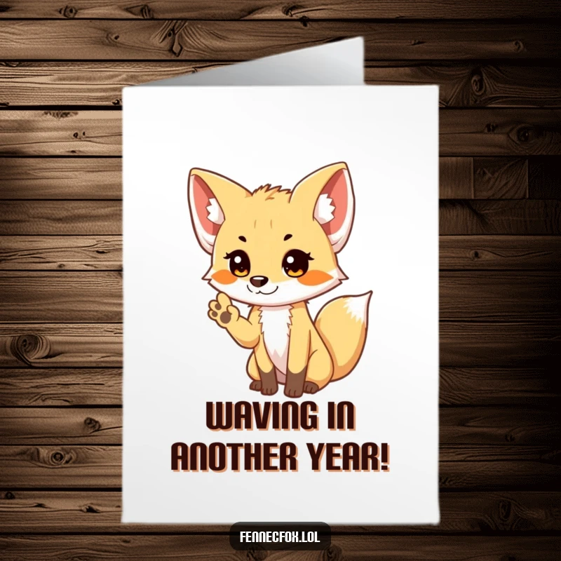 Funny Free Printable Birthday Card: A shy fennec fox offering a tiny, cute wave with its paw, spreading birthday joy.