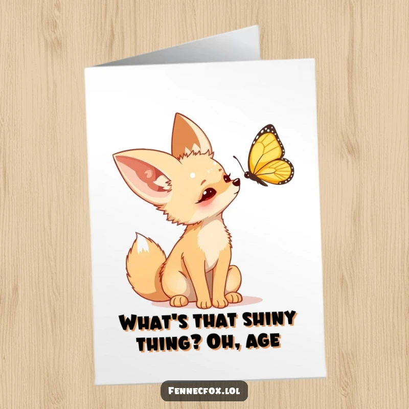 Funny Free Printable Birthday Card: Fennec fox tilting its head curiously, observing a colorful butterfly flutter by.