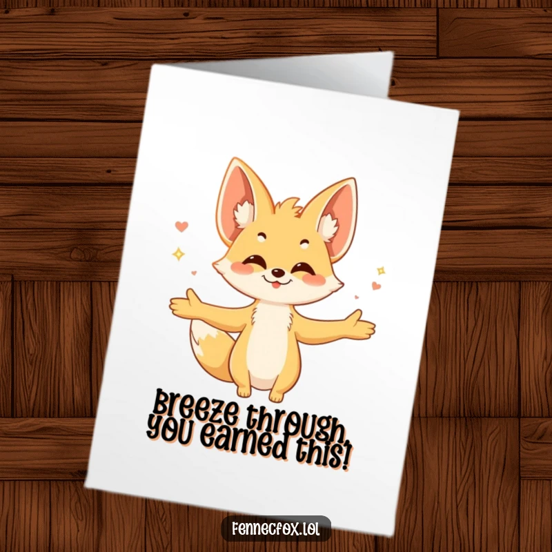 Funny Free Printable Congrats Card: Fennec fox with open arms, embracing a warm breeze, conveying joy and achievement.