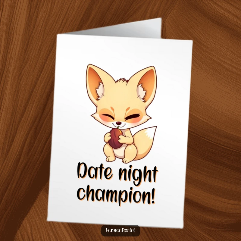 Funny Free Printable Congratulations Card: A fennec fox confidently winking and holding a date, celebrating success with a charming flair. Downloadable.