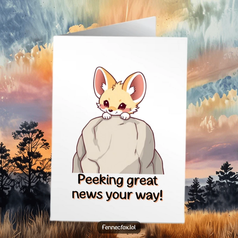 Funny Free Printable congratulations card of a fennec fox curiously peeking over a rock, celebrating new beginnings.